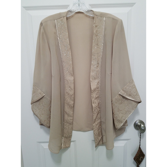 Vintage Brown Women Kimono Coat Blazer Shimmering Details Slit Bell Sleeves - Picture 7 of 10